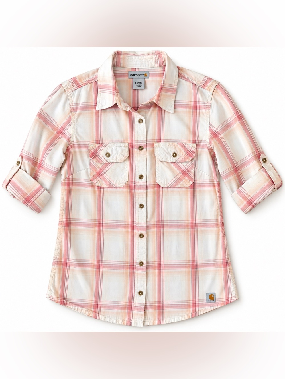 Carhartt Huron Shirt Womens S Pink Plaid Roll Tab Button Down 102069